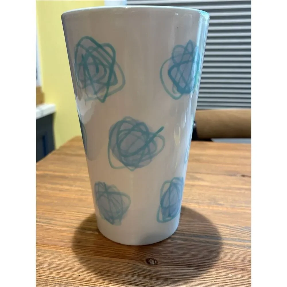 Rare Atomic Swirl Cream Ceramic Vase with Light Blue Scribble Pattern
